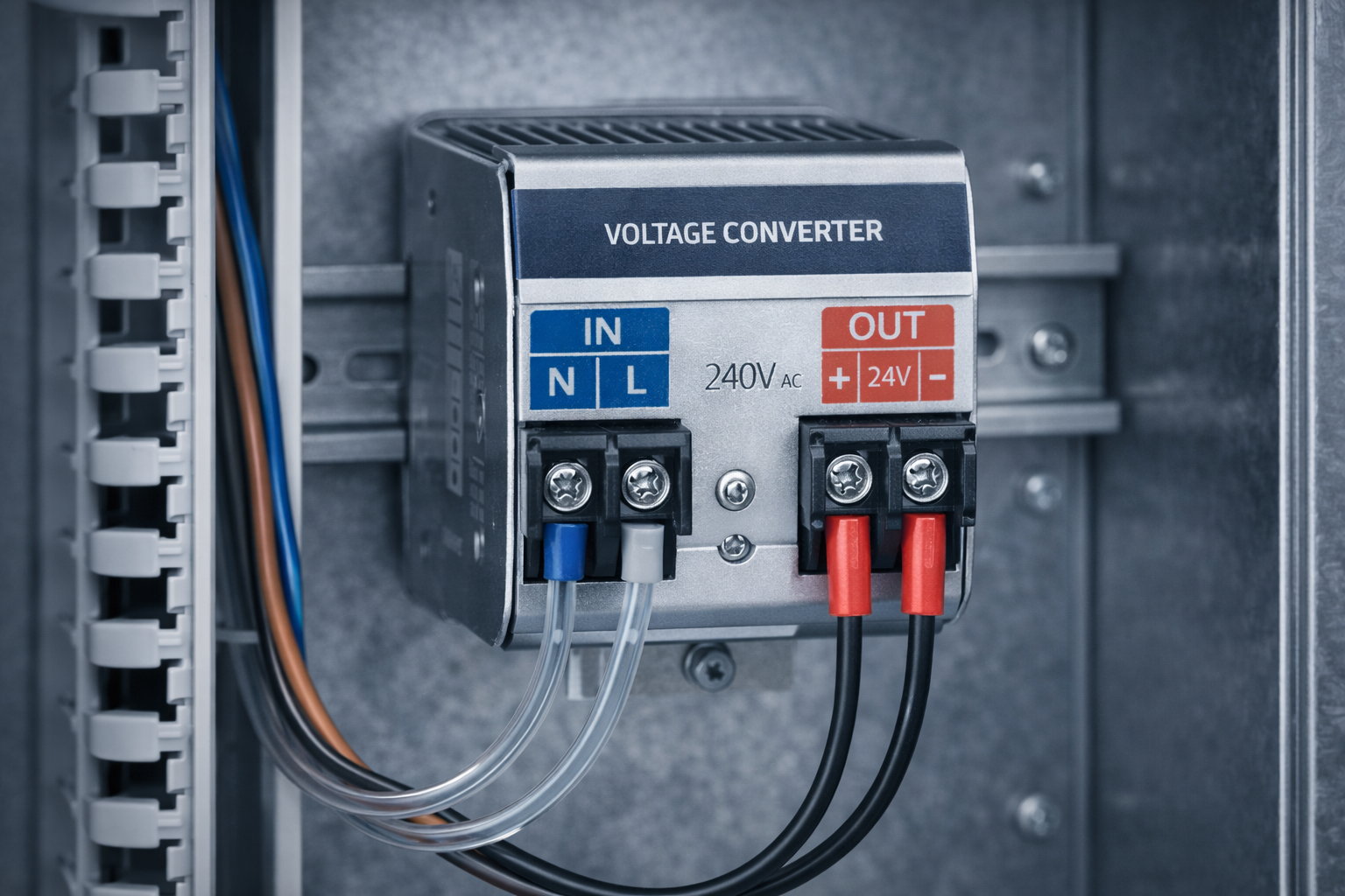 Industrial voltage converter mounted in electrical enclosure showing 240V AC input and 24V DC output wiring terminals