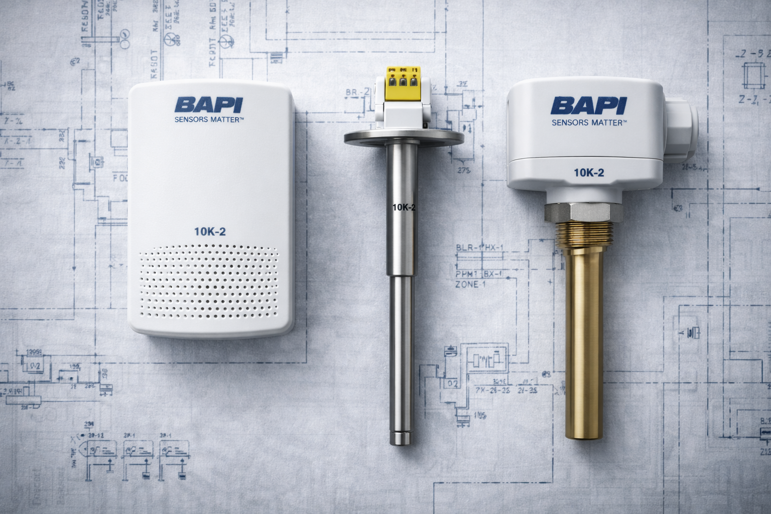 BAPI 10K-2 temperature sensors including Quantum room sensor, stainless steel duct probe, and immersion sensor with thermowell on HVAC blueprint