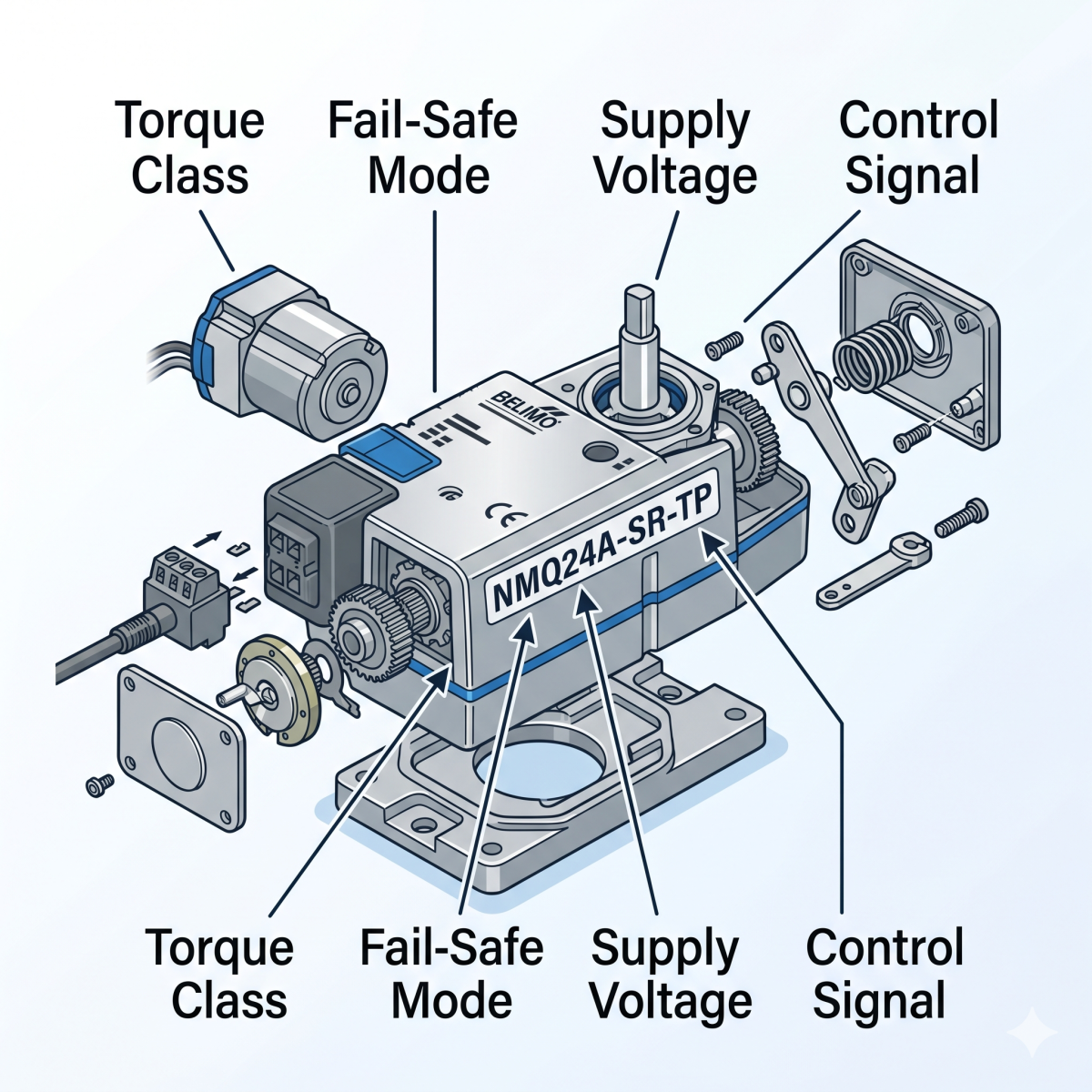 elimo actuator model number breakdown diagram showing torque, fail-safe, voltage and control signal segments — Controls Traders Australia