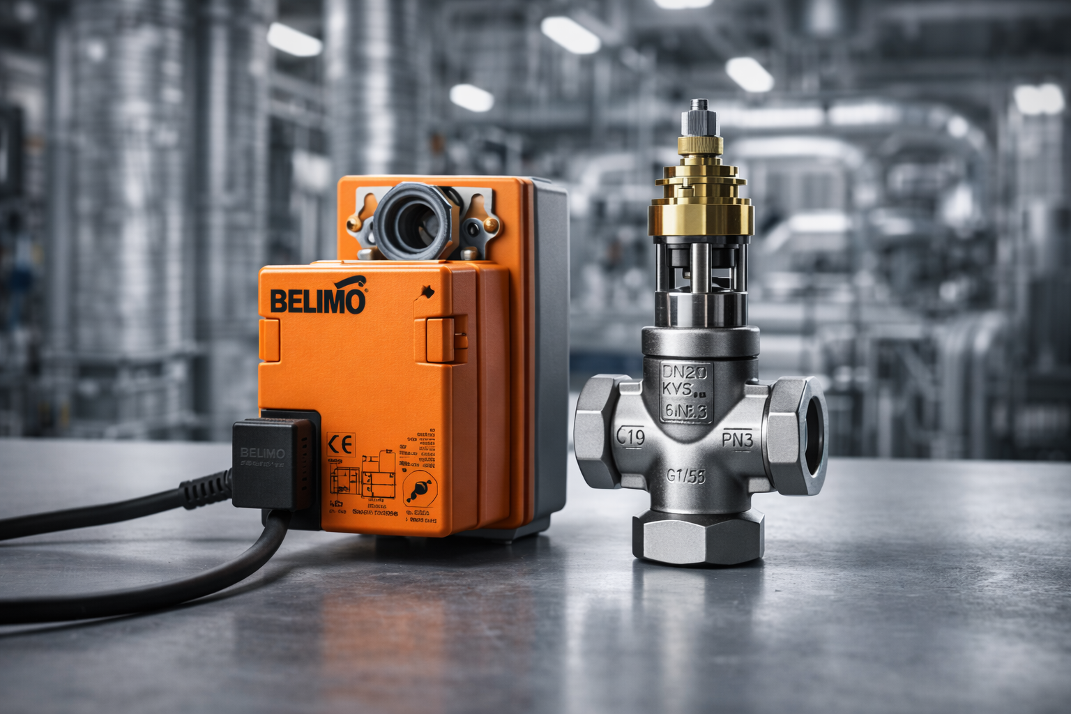 Belimo orange damper actuator and stainless steel HVAC control valve on industrial workbench – HVAC controls supplier Australia