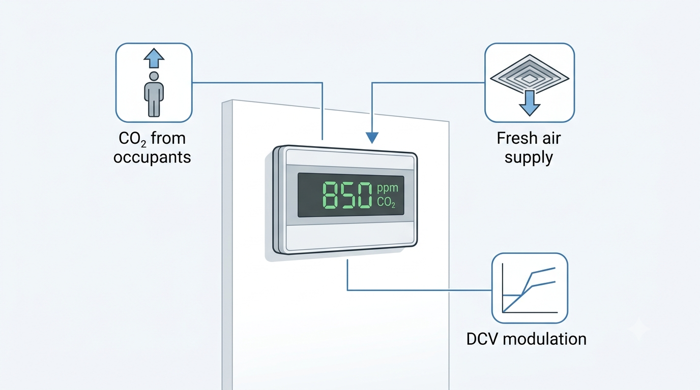 CO₂ sensor mounted on an office wall with HVAC supply diffusers visible in the background