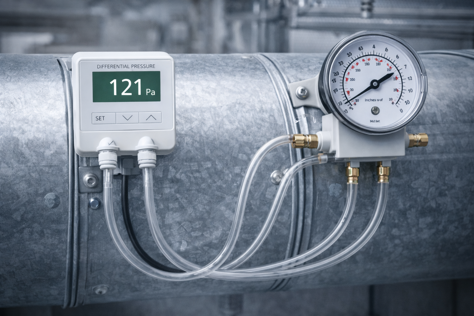 Digital differential pressure sensor and analog air gauge connected with pneumatic tubing to a galvanized HVAC duct
