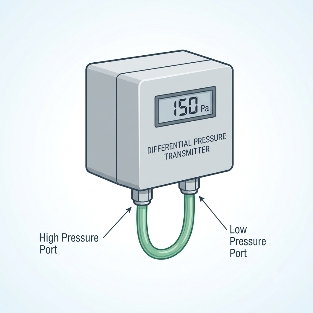 Differential pressure transmitter mounted on HVAC ductwork in a commercial mechanical room