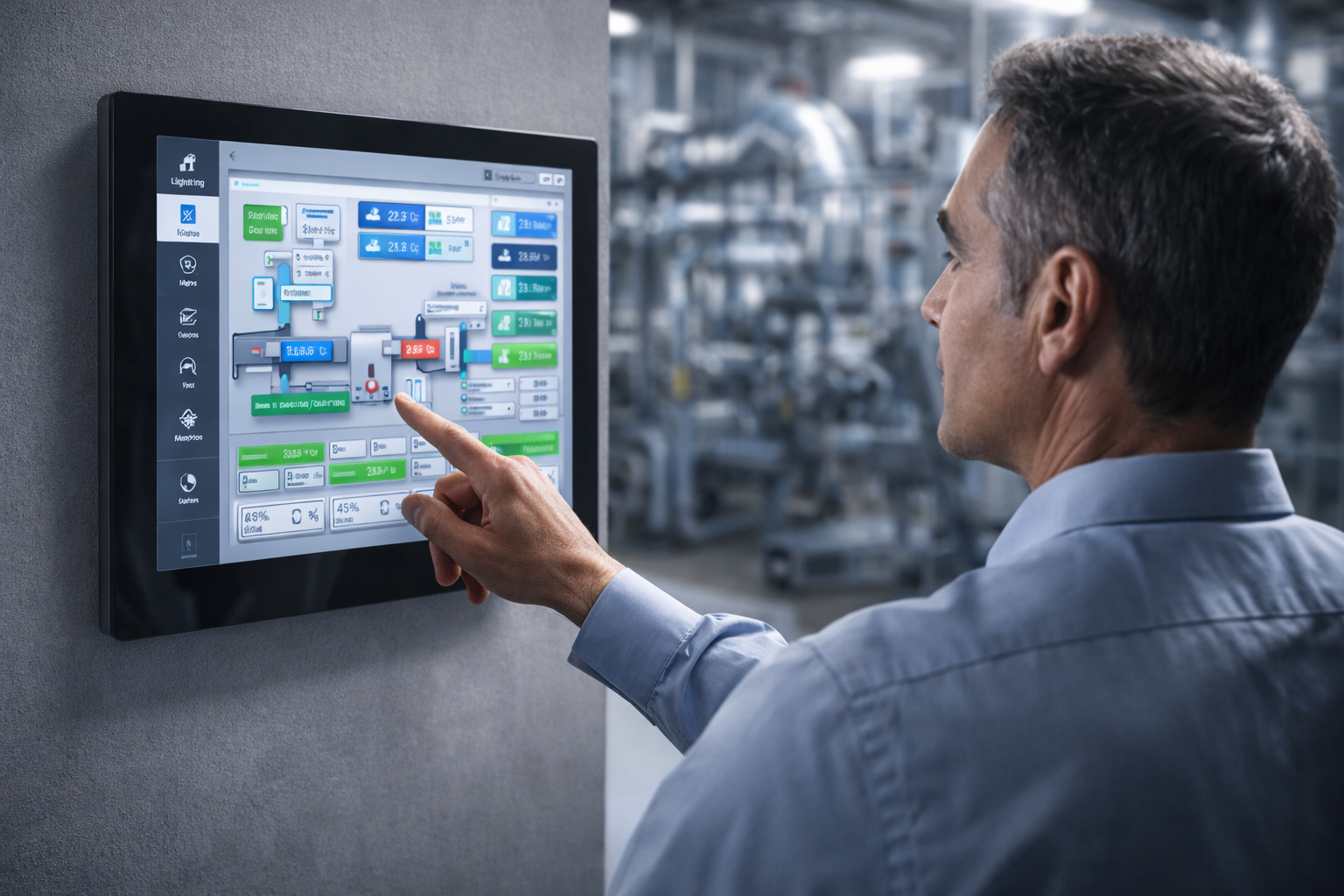 Facility manager monitoring HVAC systems on a modern BMS touchscreen interface with mechanical plant room in background