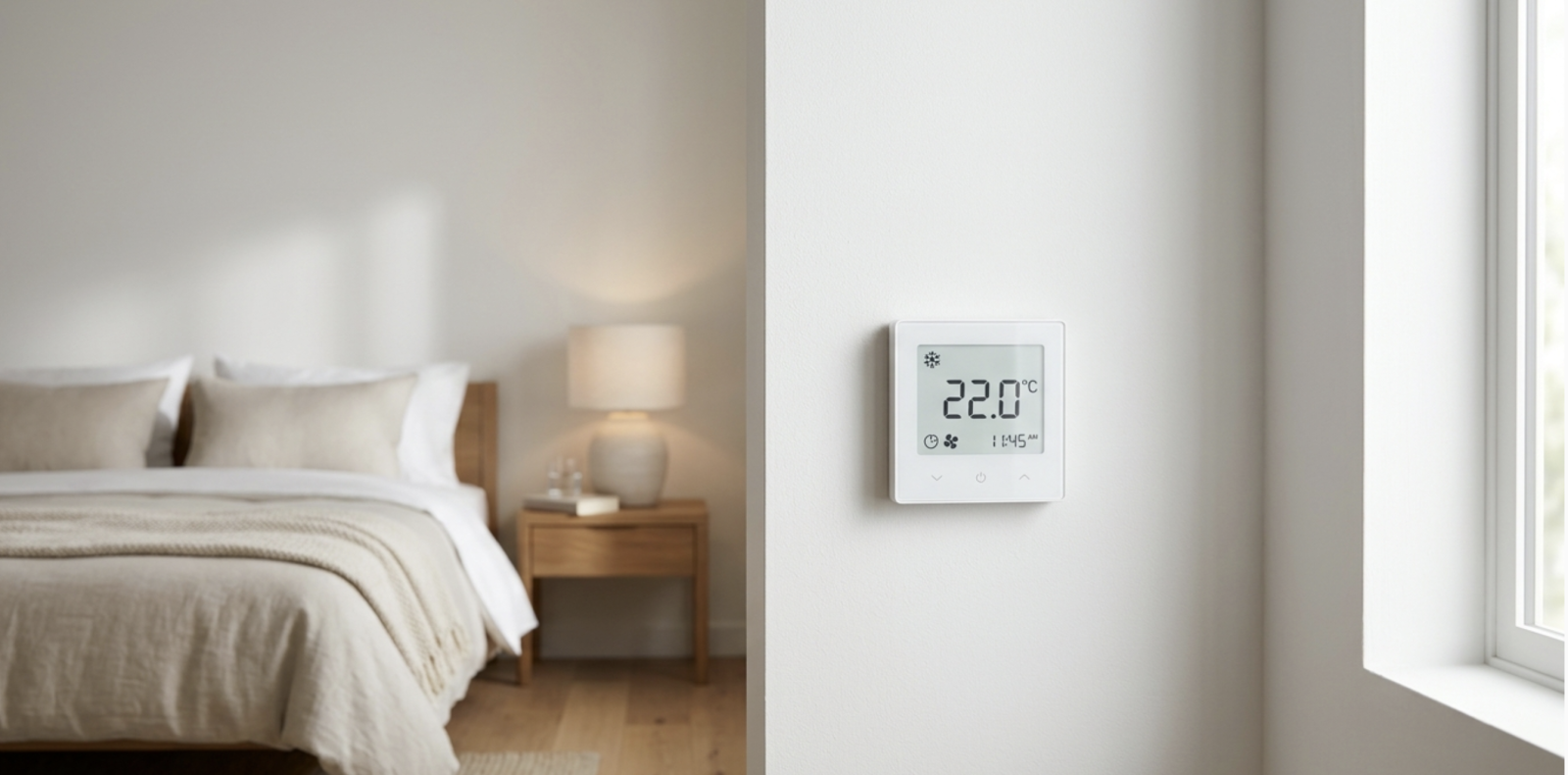 FCU room controller wall-mounted thermostat displaying 22°C in hotel room — Controls Traders Australia