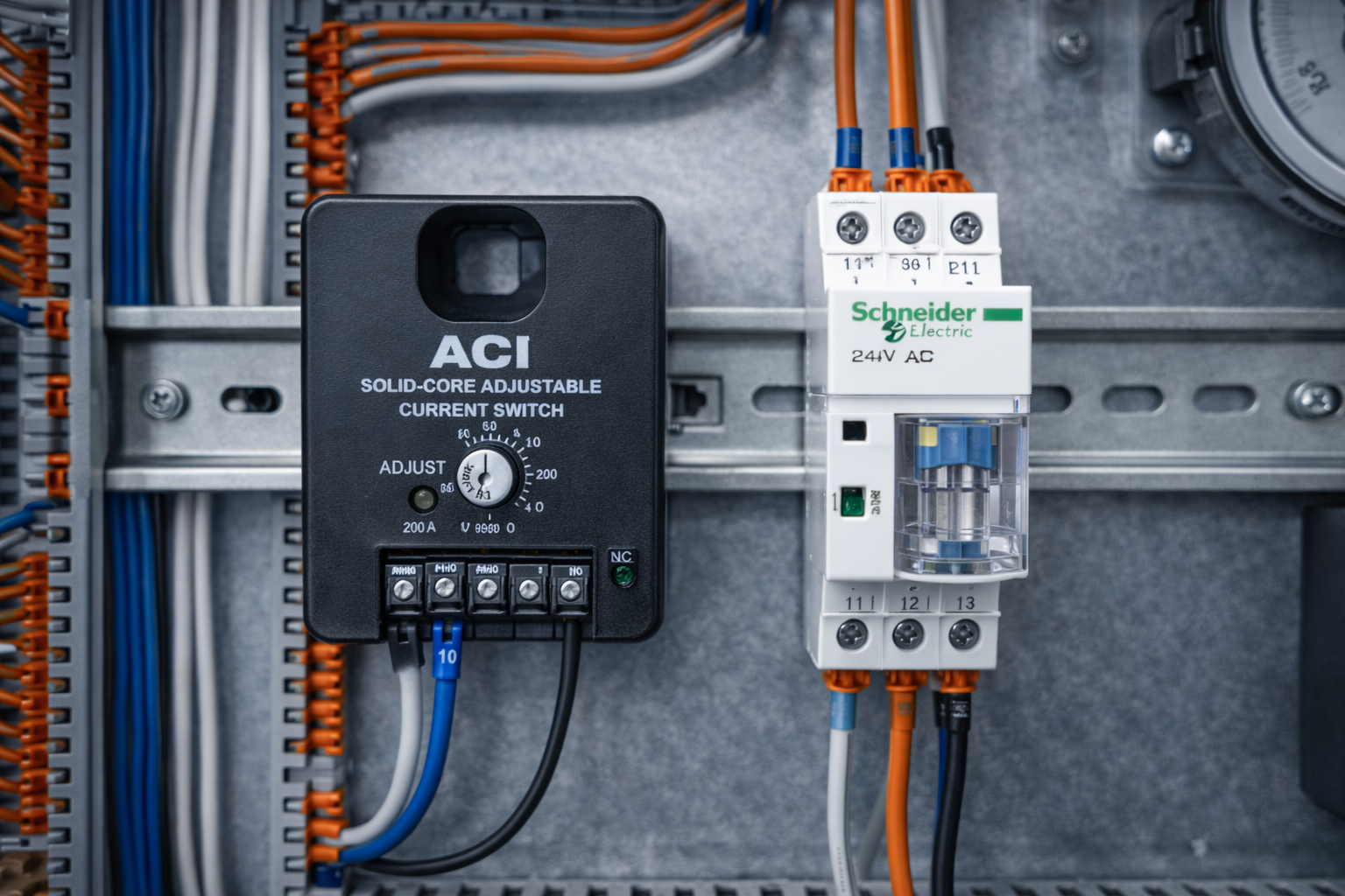 HVAC control panel with ACI solid-core adjustable current switch and Schneider 24VAC 2-pole relay mounted on DIN rail