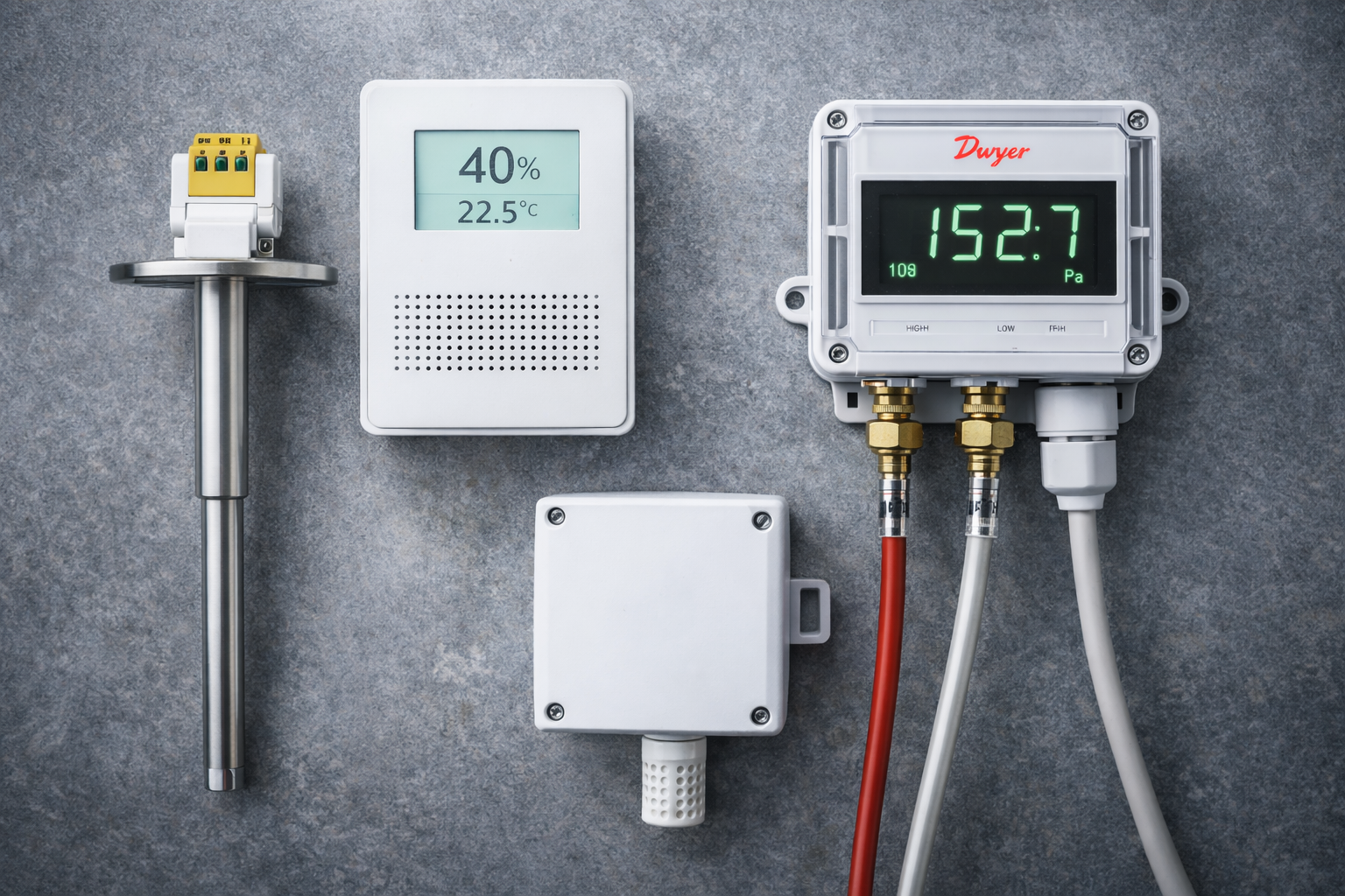HVAC sensors on industrial workbench including duct temperature probe, room humidity sensor, and differential pressure transducer