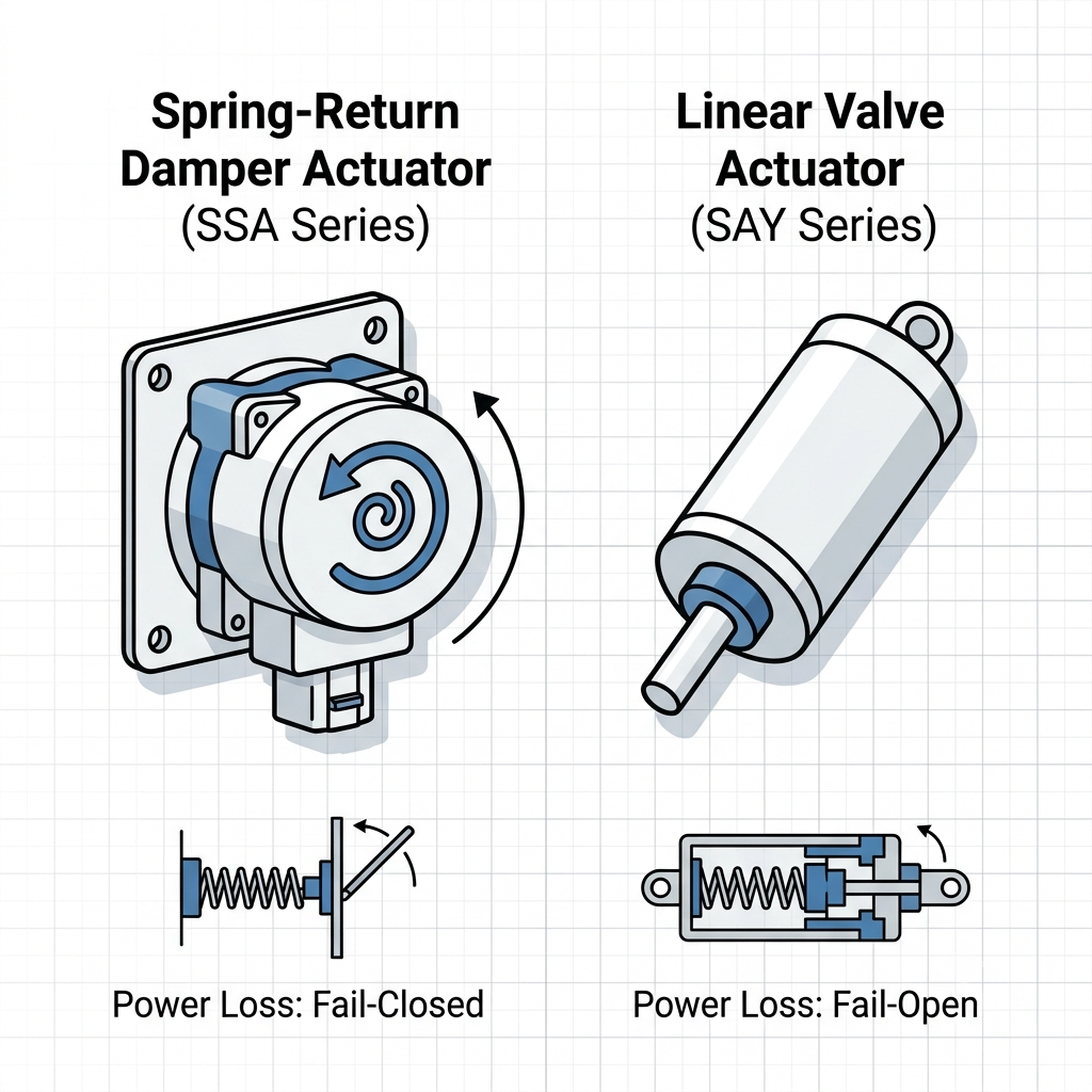 Spring-return damper actuator and linear valve actuator mounted on HVAC equipment in a commercial mechanical room