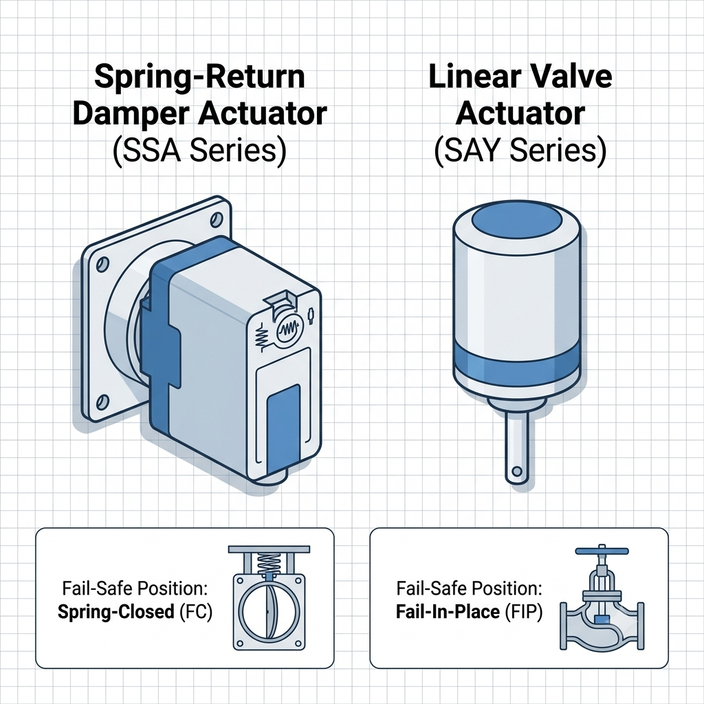 Spring-return damper actuator and linear valve actuator mounted on HVAC equipment in a commercial mechanical room
