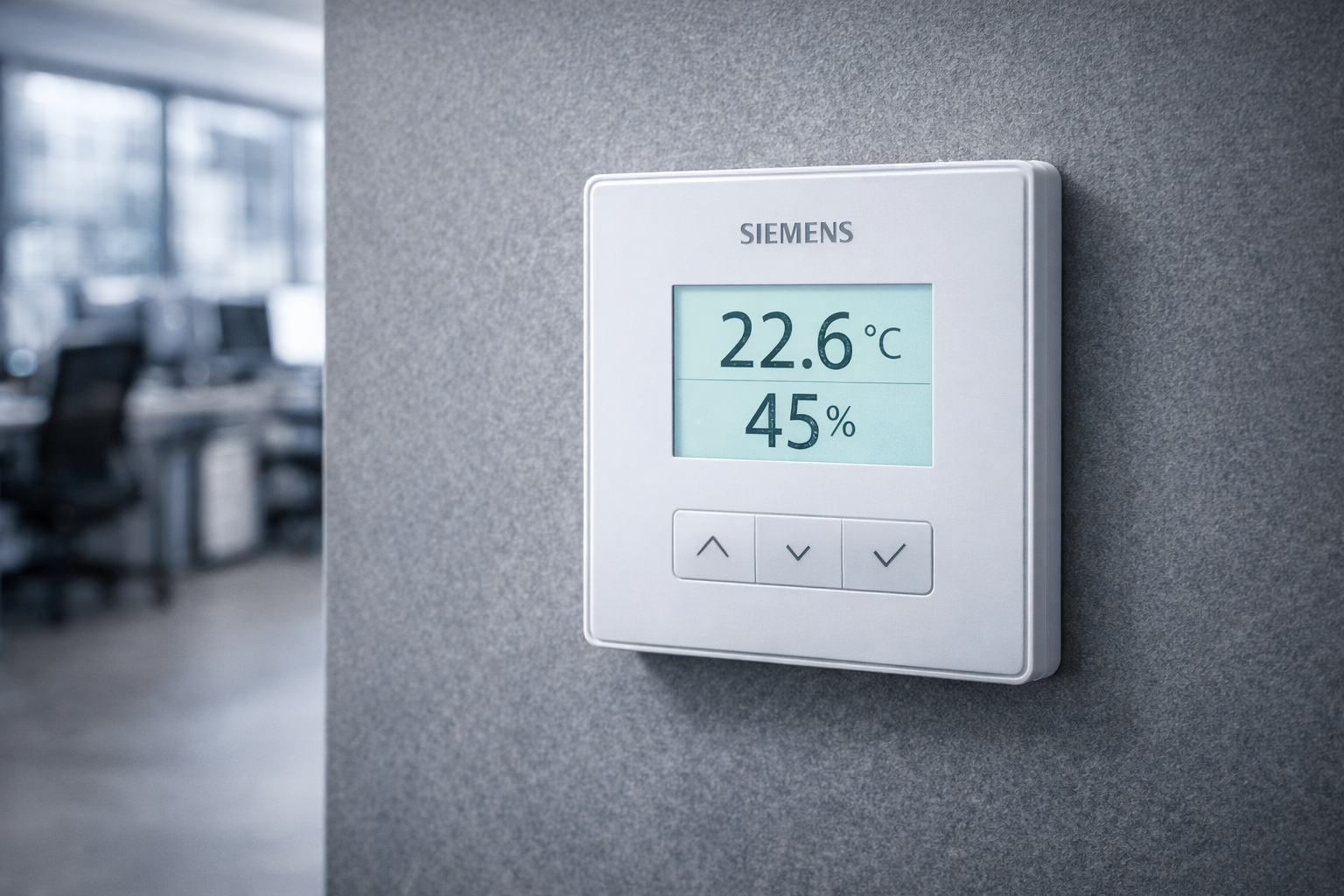 Siemens RDF300 room sensor displaying temperature and humidity on a modern office wall