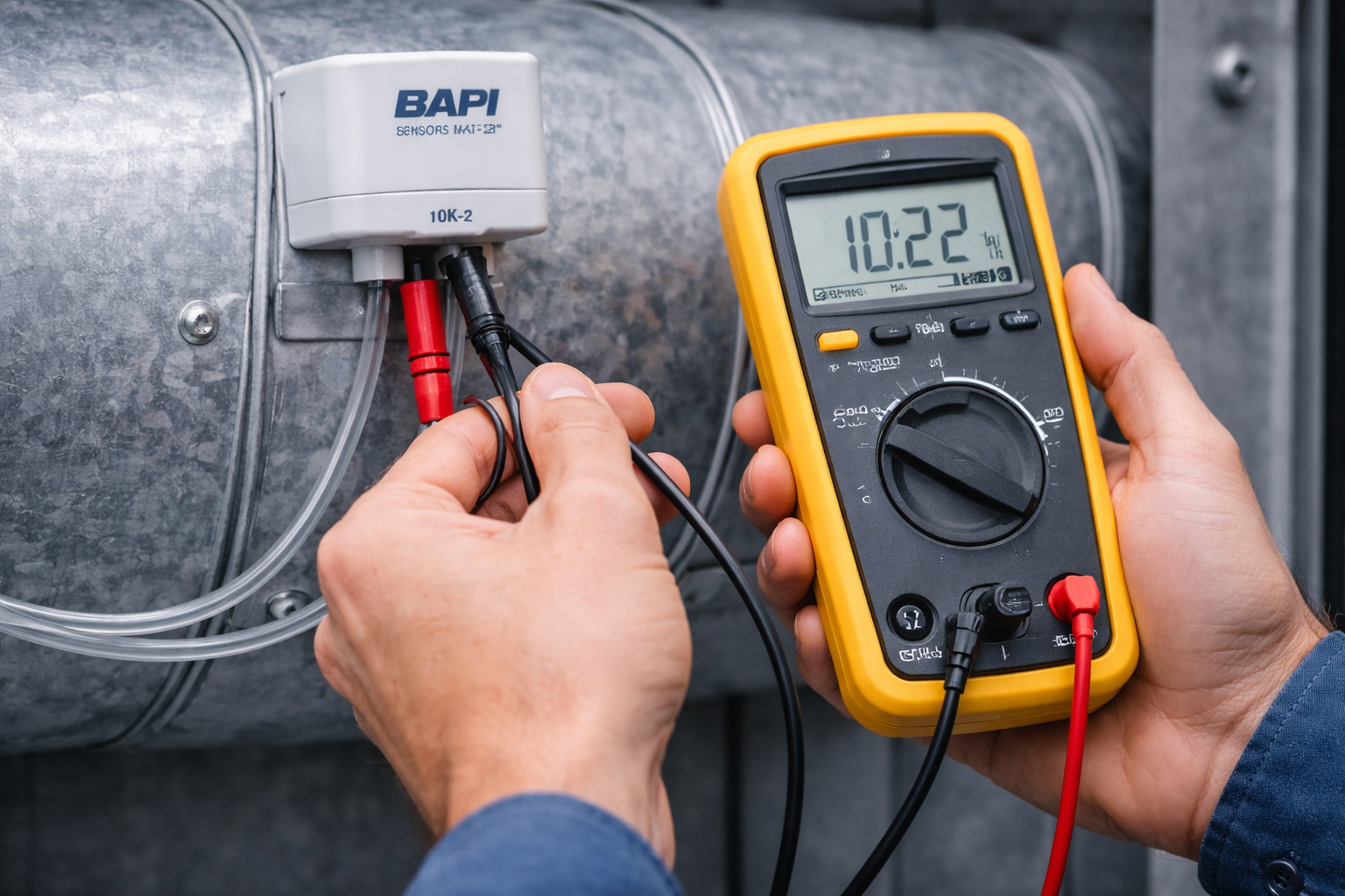 Technician using digital multimeter to test resistance of HVAC duct temperature sensor on commercial HVAC duct