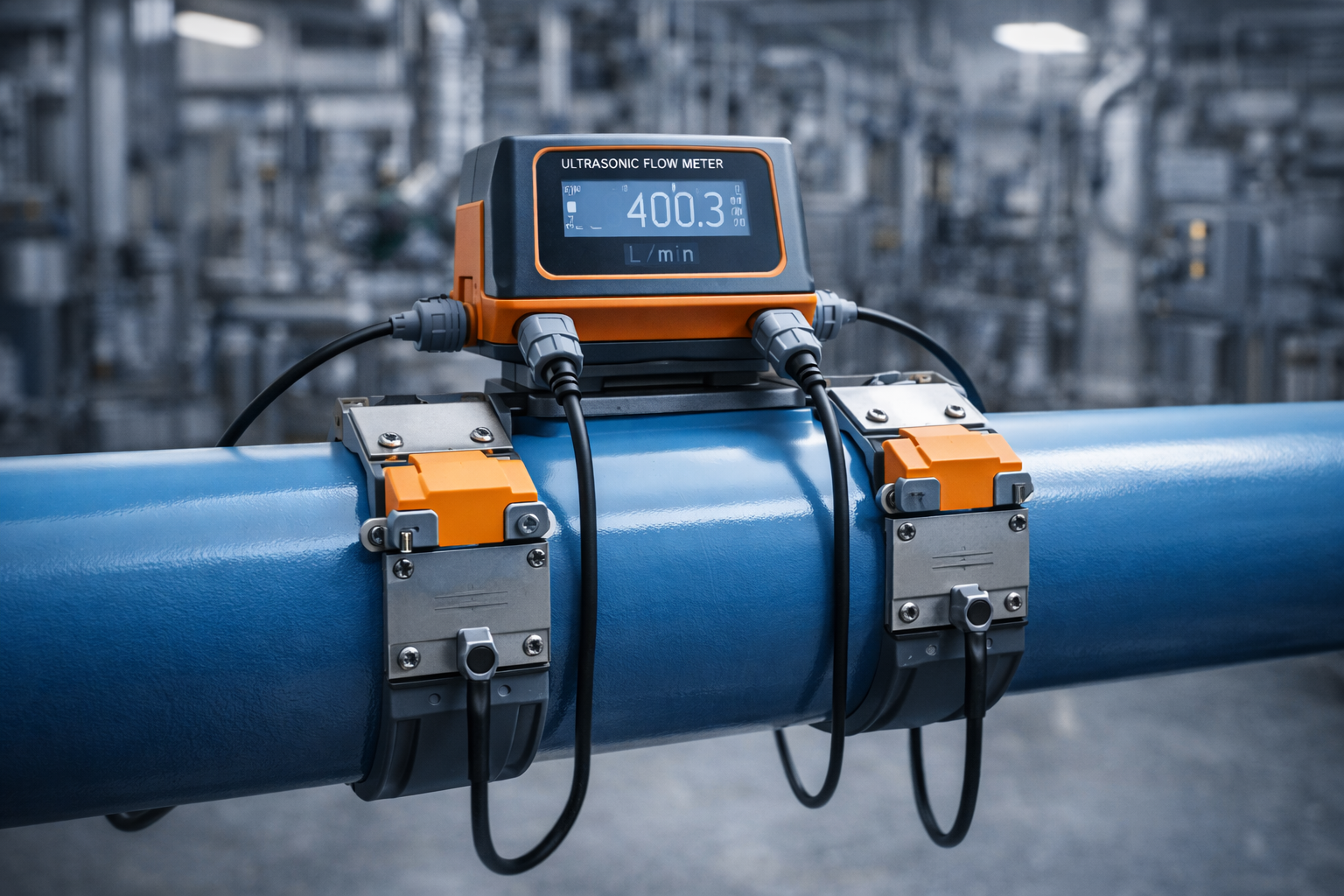 Ultrasonic flow meter clamped onto a chilled water pipe in a commercial HVAC plant room